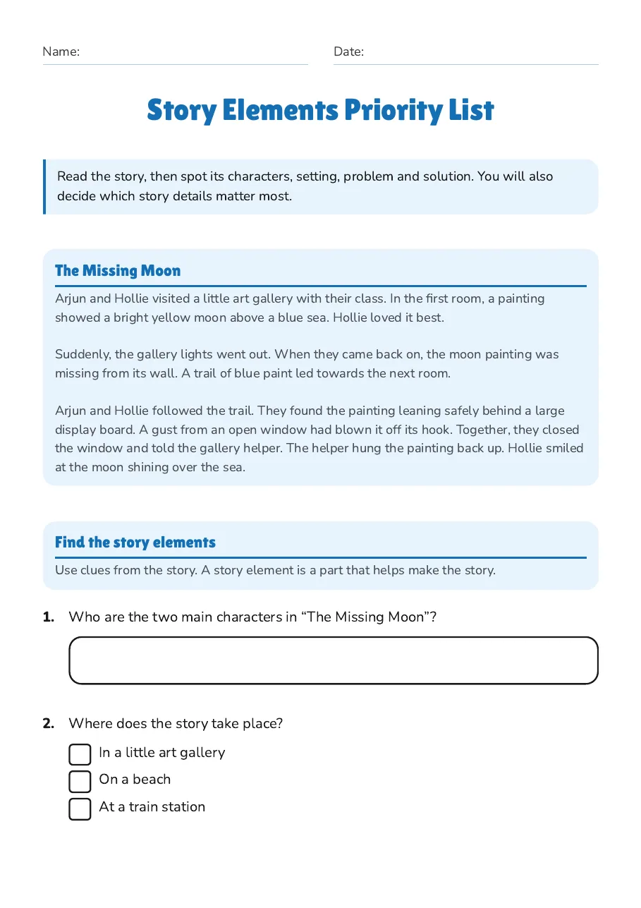 Story Elements Priority List, page 1 of 4: The Missing Moon, Find the story elements