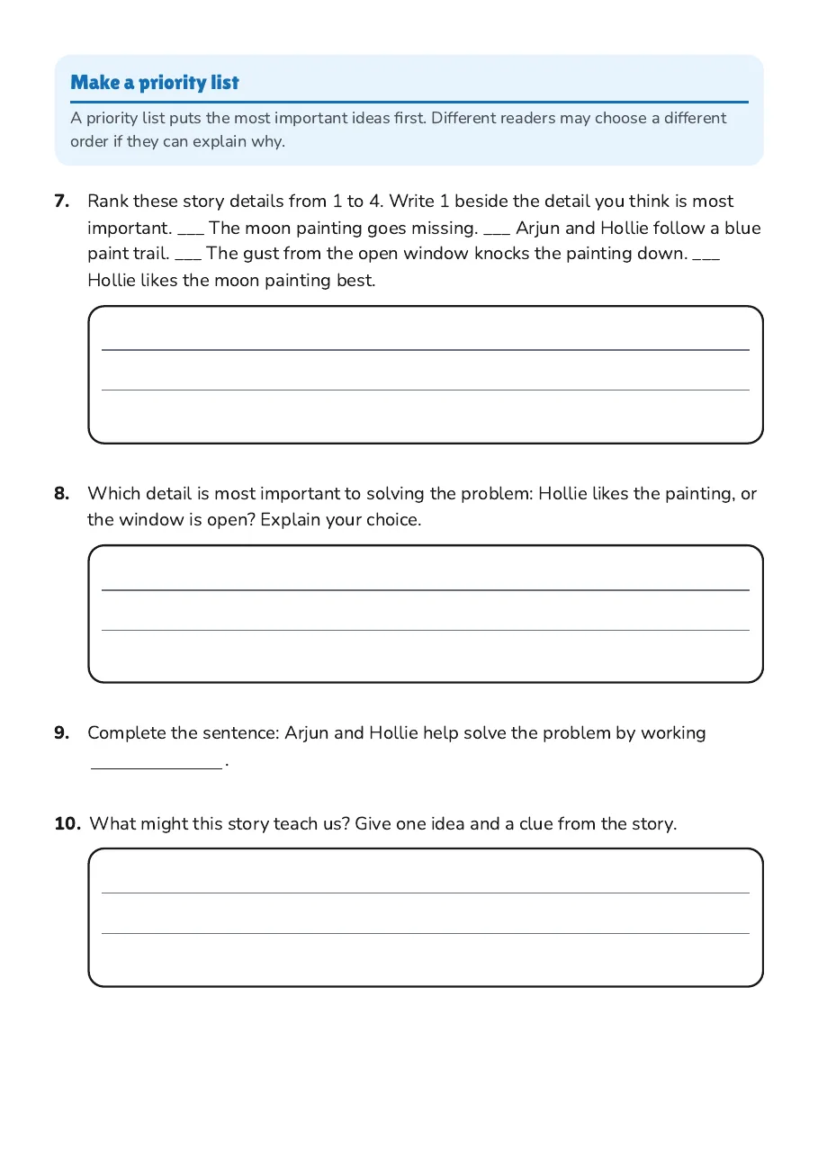 Story Elements Priority List, page 3 of 4: Make a priority list