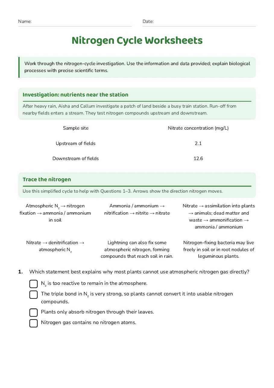 Nitrogen Cycle Worksheets, page 1 of 3: Investigation: nutrients near the station, Trace the nitrogen