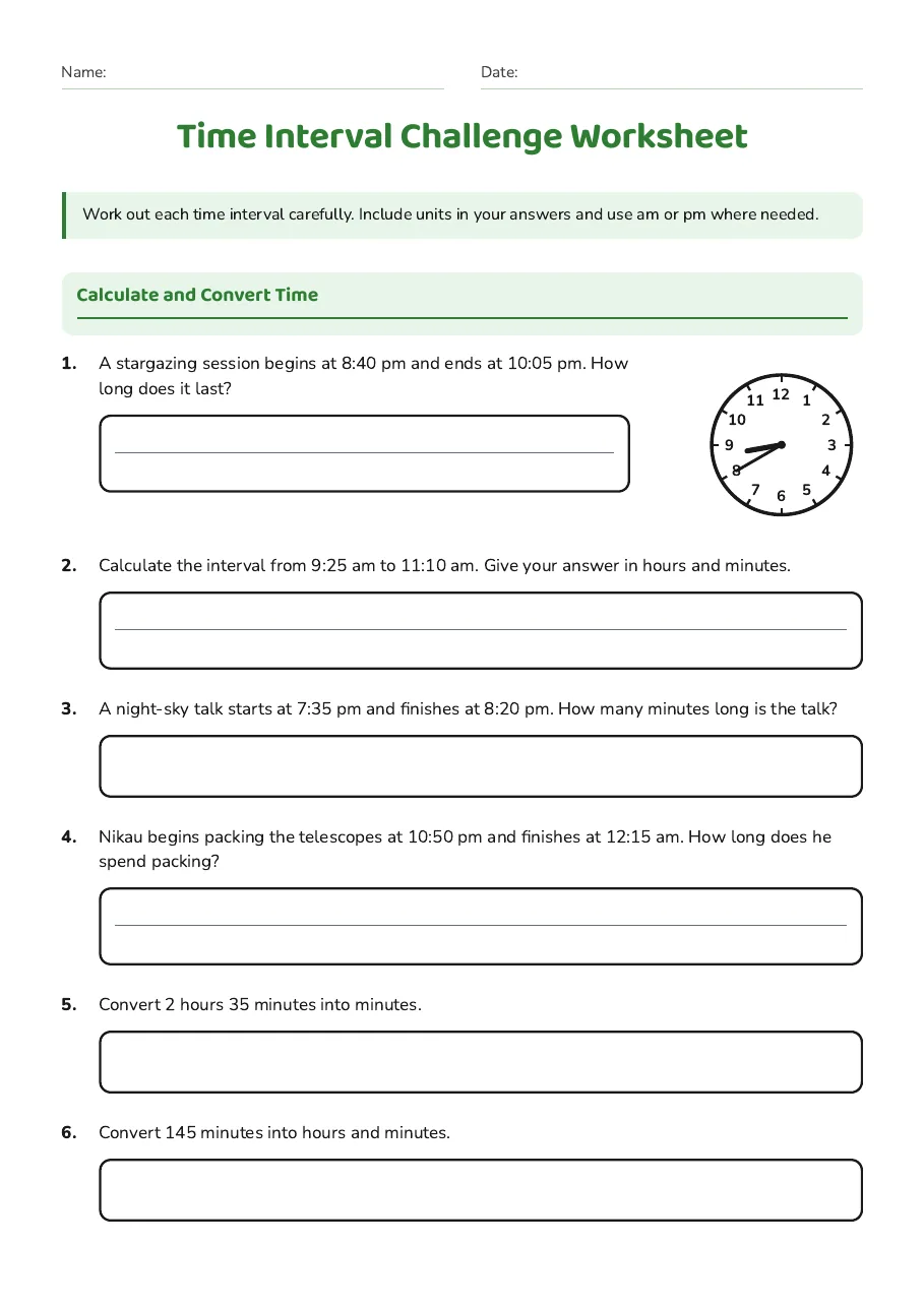 Time interval calculations, time conversions, and a clock showing 8:40.