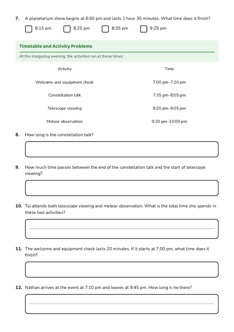 A stargazing evening schedule with questions about activity durations and gaps.