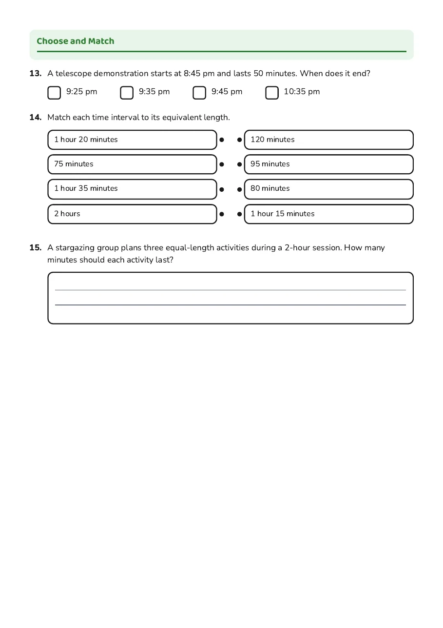 Multiple-choice time problems, matching time equivalents, and an equal-activity challenge.