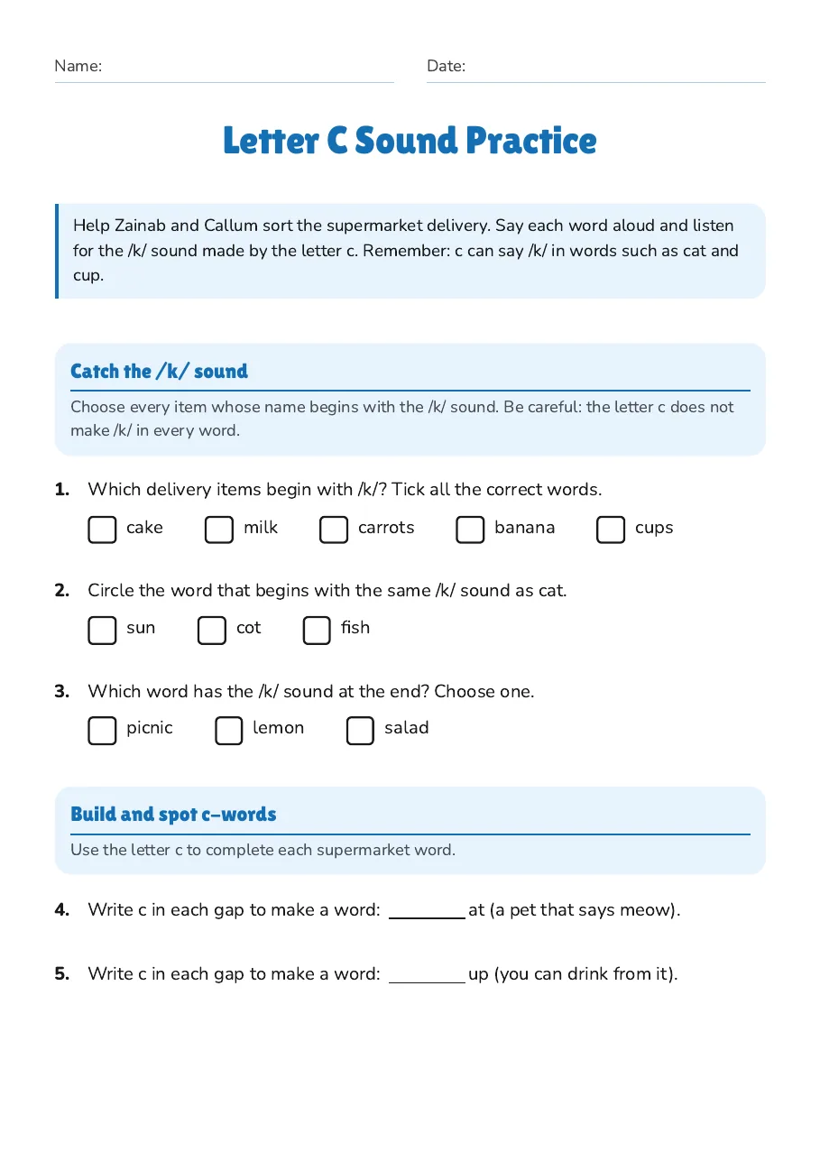 Letter C Sound Practice, page 1 of 3: Catch the /k/ sound, Build and spot c-words