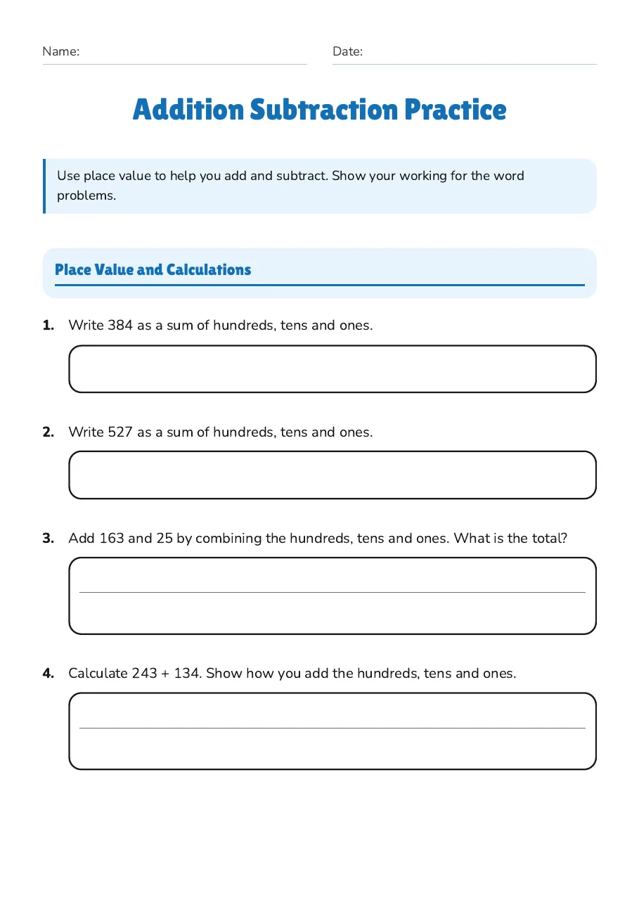 Addition Subtraction Practice, page 1 of 3: Place Value and Calculations