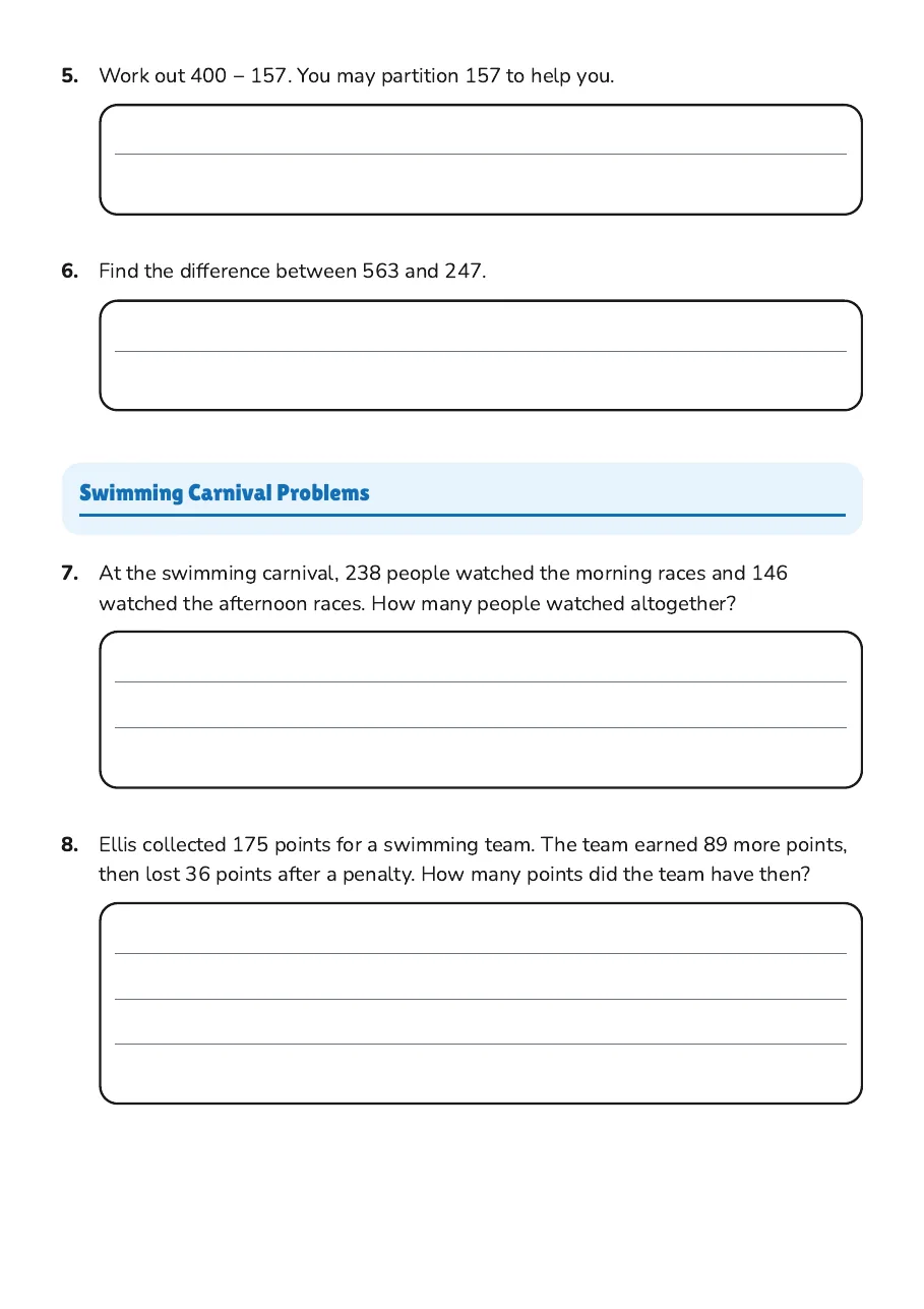 Addition Subtraction Practice, page 2 of 3: Swimming Carnival Problems