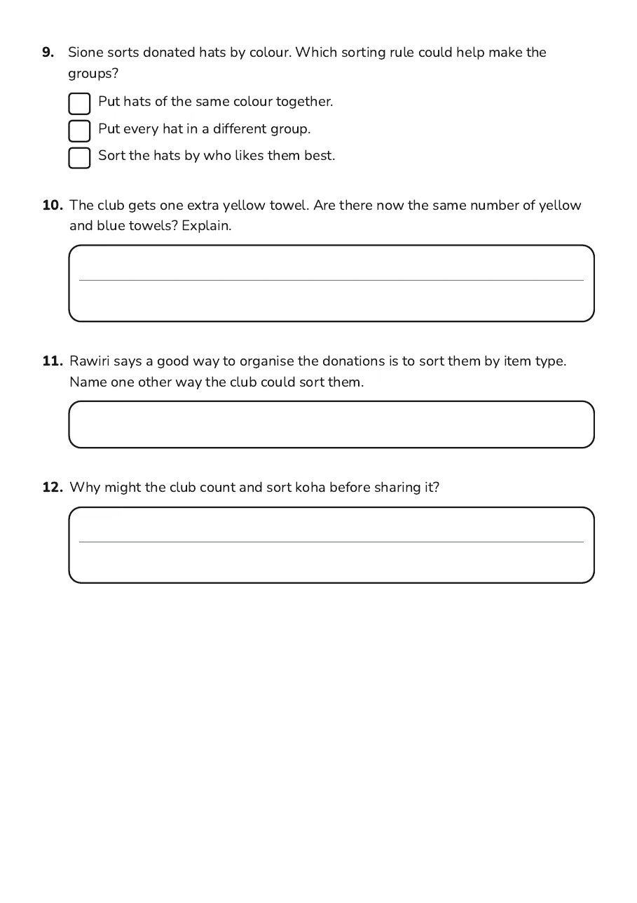 Koha Data Sorting, page 3 of 3: 9. Sione sorts donated hats by colour. Which sorting rule could help make the