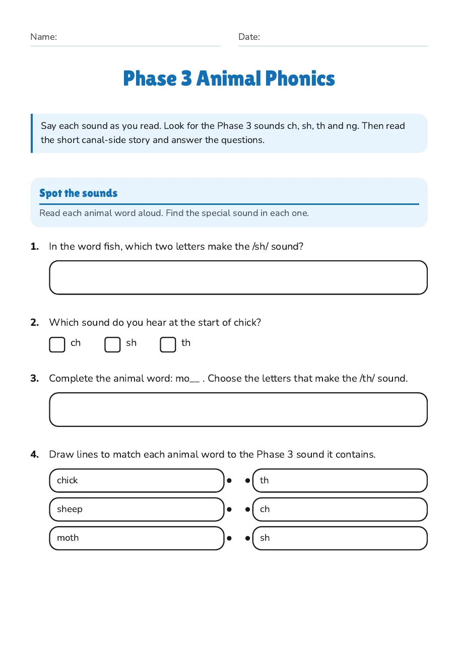 Phase 3 Animal Phonics, page 1 of 2: Spot the sounds