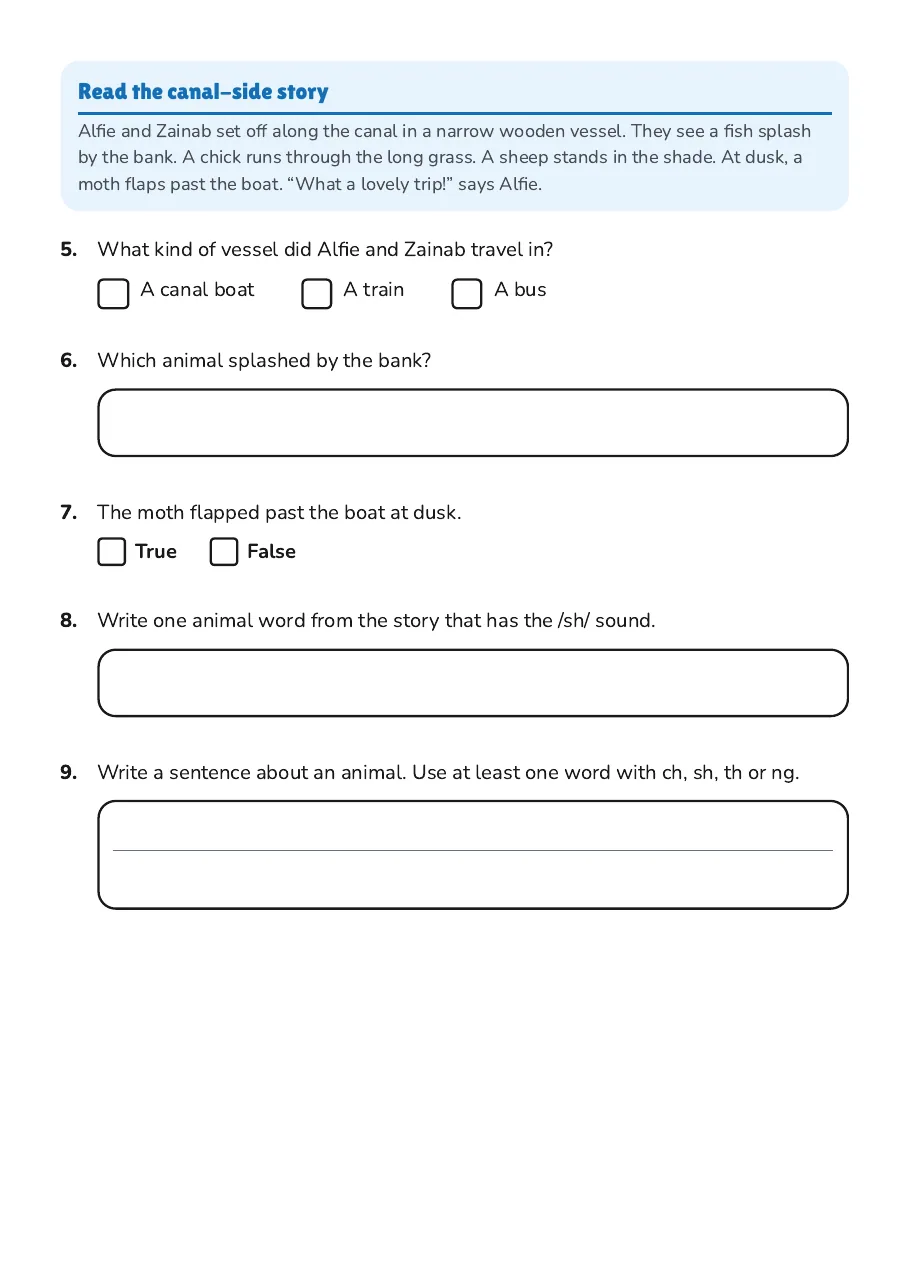 Phase 3 Animal Phonics, page 2 of 2: Read the canal-side story