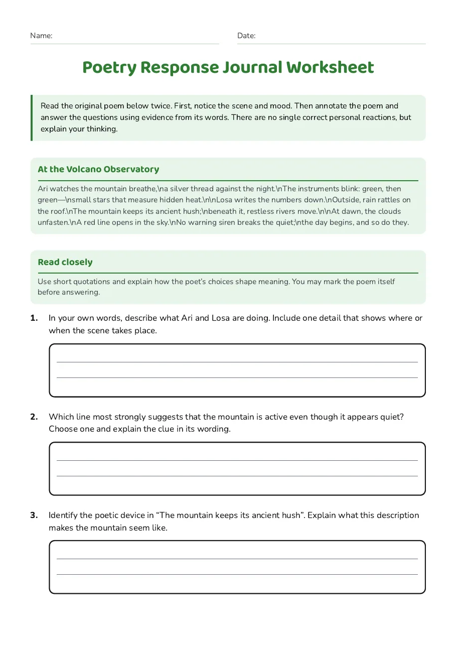 Poetry Response Journal Worksheet, page 1 of 3: At the Volcano Observatory, Read closely
