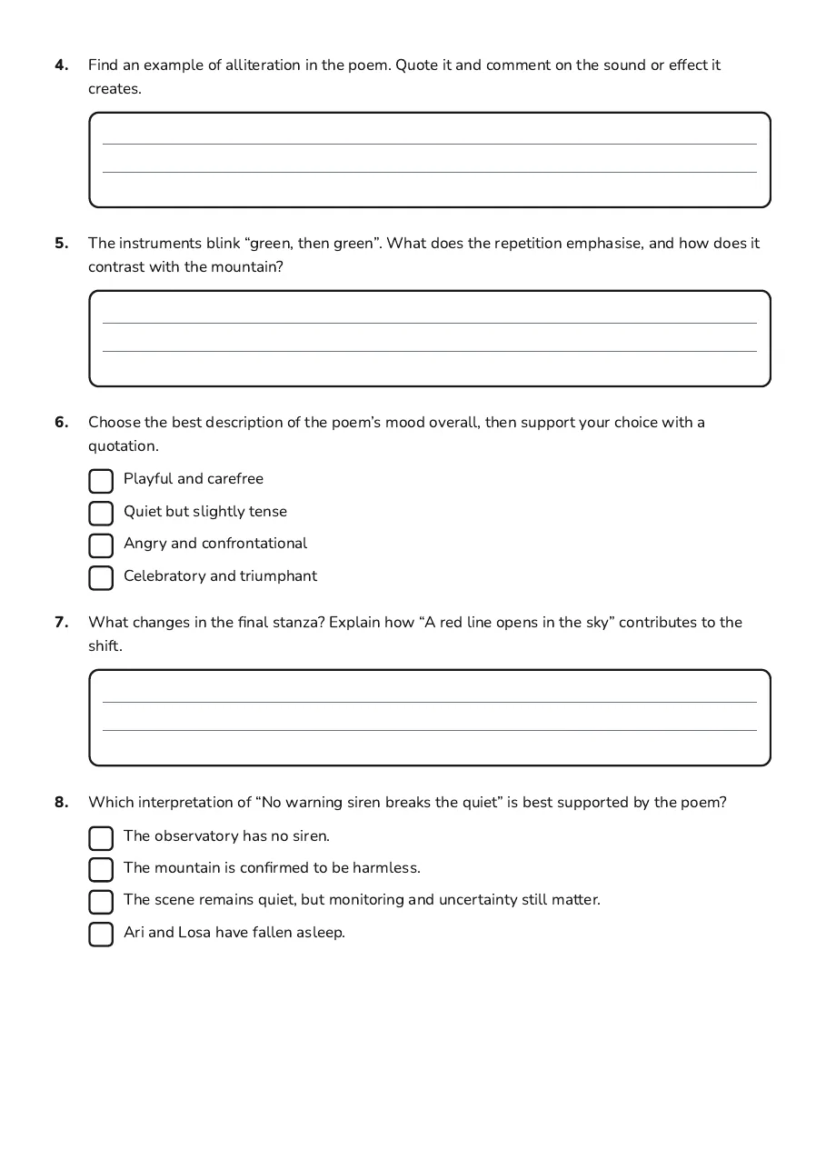 Poetry Response Journal Worksheet, page 2 of 3: 4. Find an example of alliteration in the poem. Quote it and comment on the sound or…