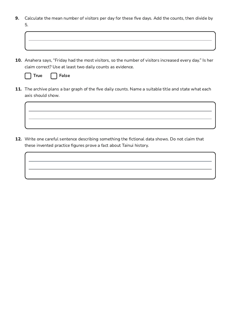 Tainui History Data Collection, page 3 of 3: 9. Calculate the mean number of visitors per day for these five days. Add the counts,…