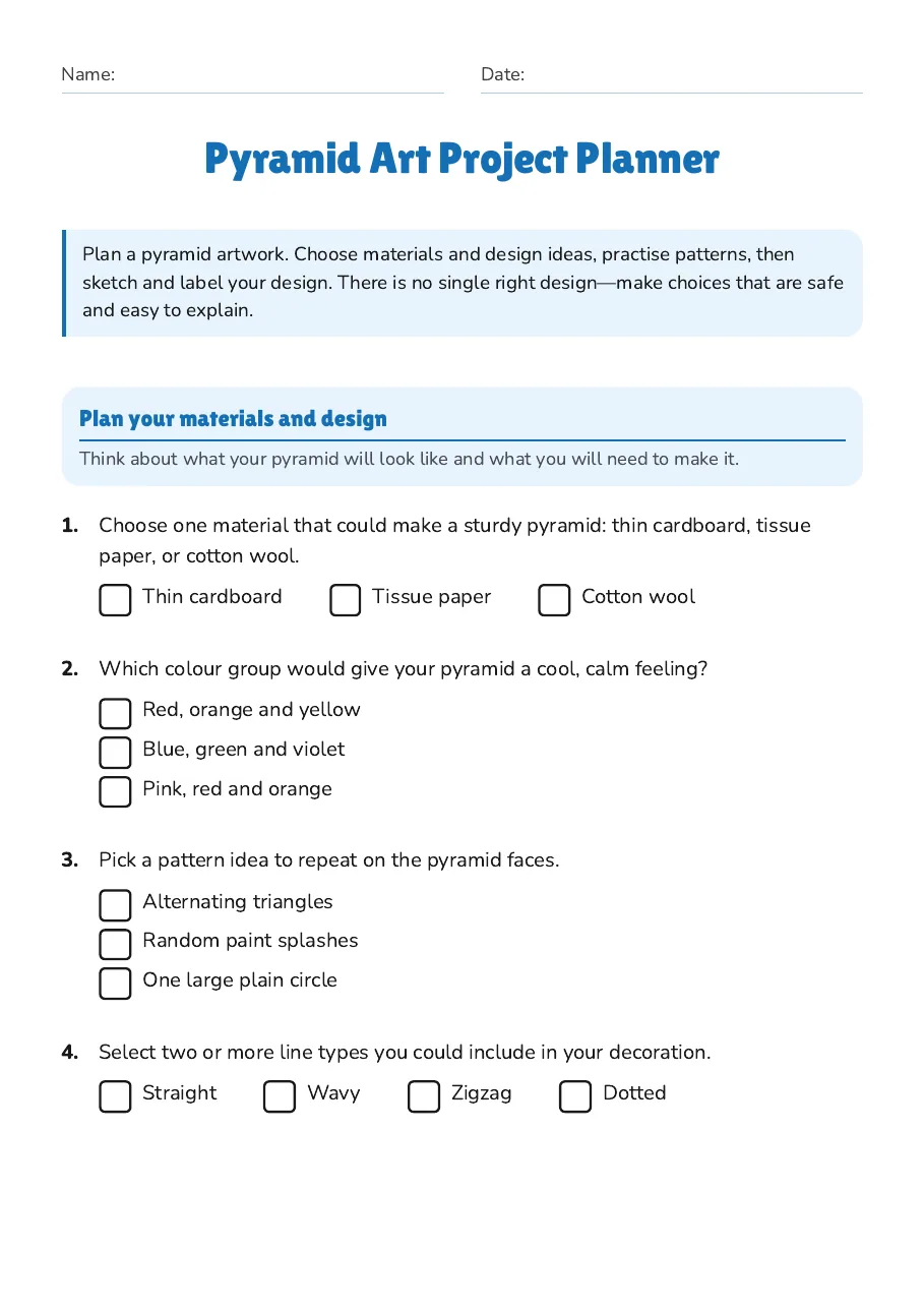 Pyramid Art Project Planner, page 1 of 4: Plan your materials and design