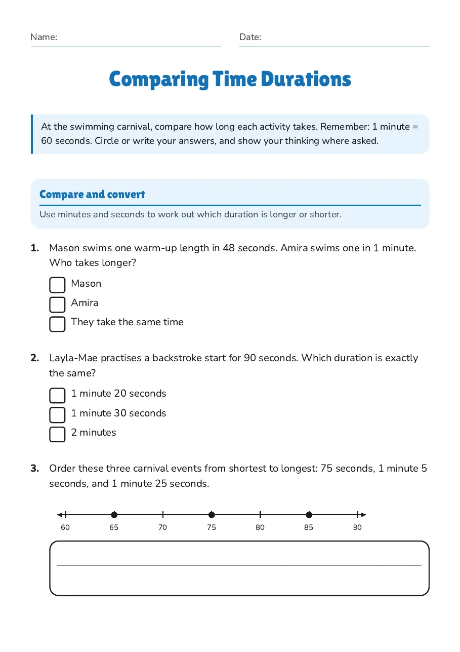Comparing Time Durations, page 1 of 3: Compare and convert