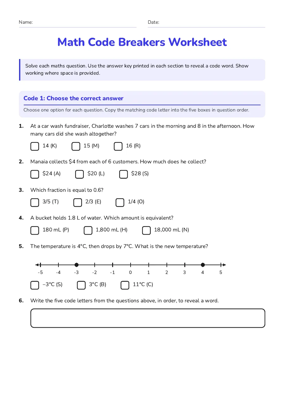 Year 7 maths code breaker worksheet with multiple-choice arithmetic, decimals, fractions, measurement and negative temperatures.