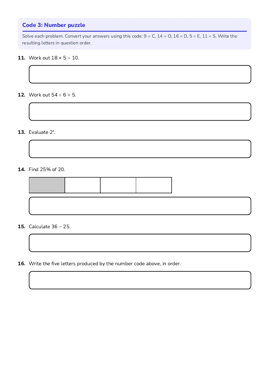 Order of operations, powers and percentage calculations reveal a number-code word.