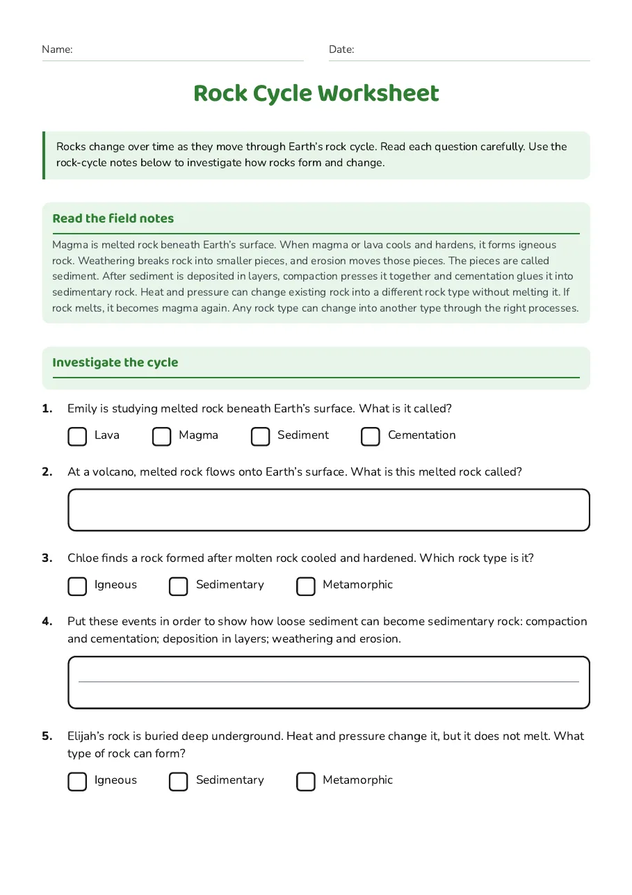 Rock Cycle Worksheet, page 1 of 2: Read the field notes, Investigate the cycle
