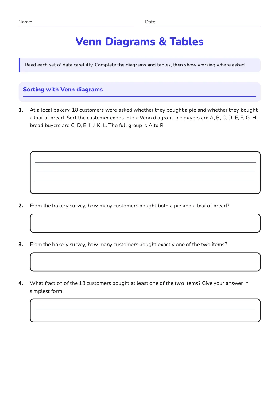 Venn Diagrams & Tables, page 1 of 4: Sorting with Venn diagrams