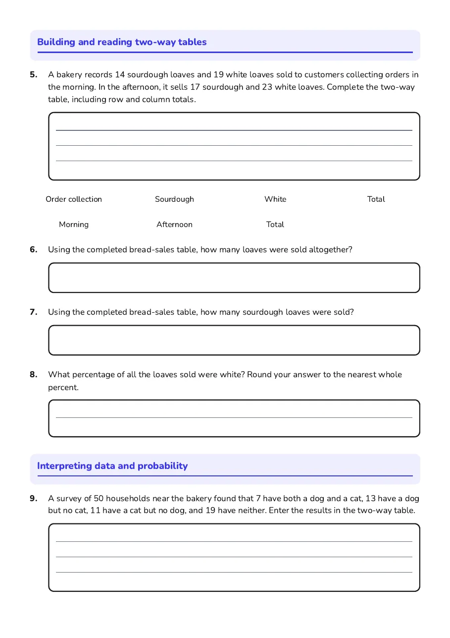 Venn Diagrams & Tables, page 2 of 4: Building and reading two-way tables, Interpreting data and probability
