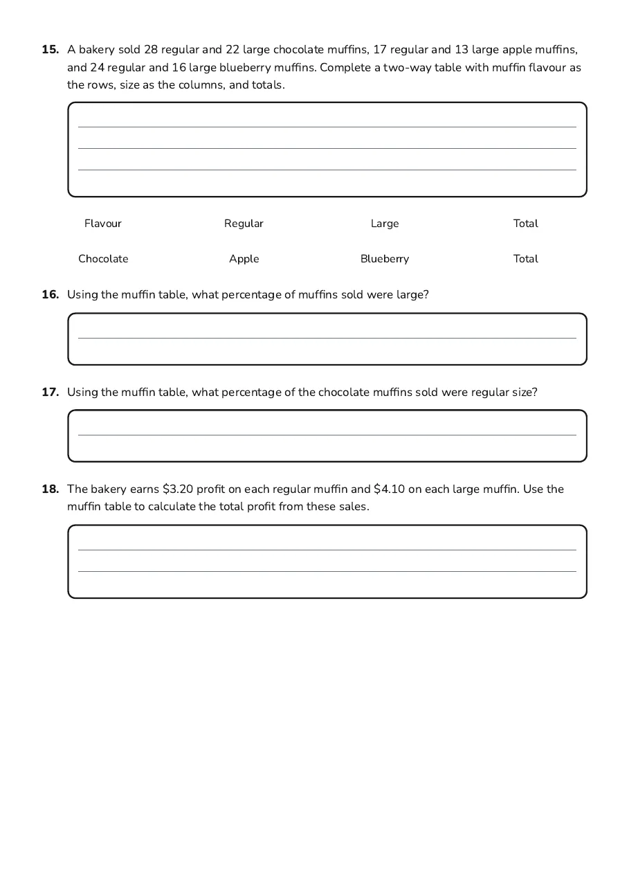 Venn Diagrams & Tables, page 4 of 4: 15. A bakery sold 28 regular and 22 large chocolate muffins, 17 regular and 13 large…
