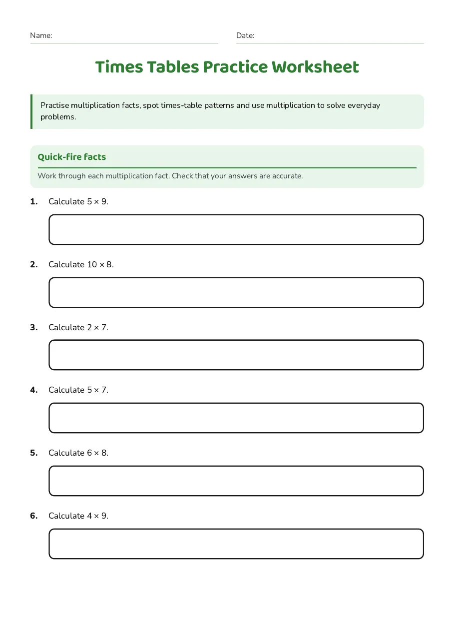 Times Tables Practice Worksheet, page 1 of 3: Quick-fire facts
