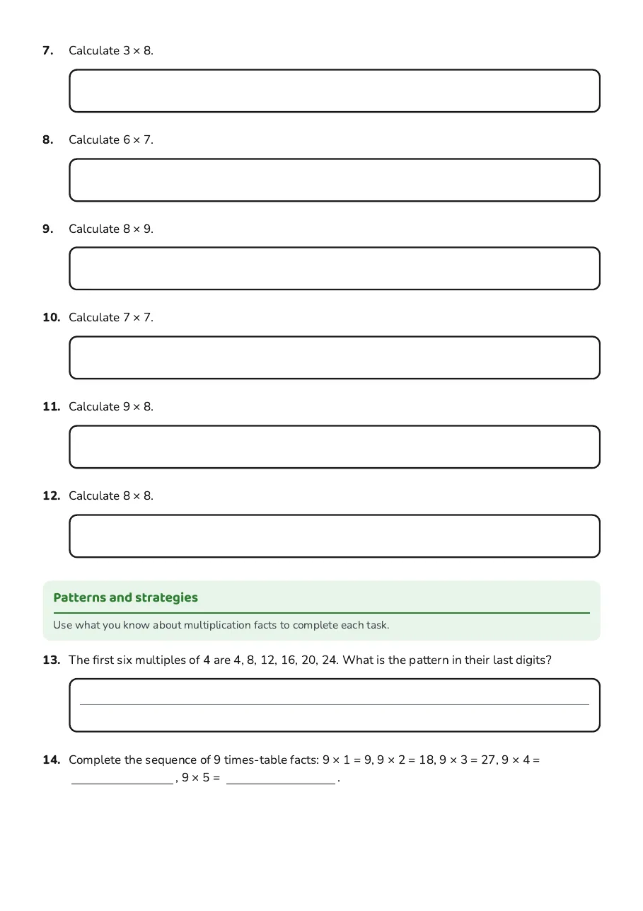 Times Tables Practice Worksheet, page 2 of 3: Patterns and strategies