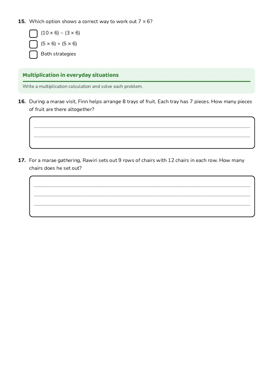 Times Tables Practice Worksheet, page 3 of 3: Multiplication in everyday situations