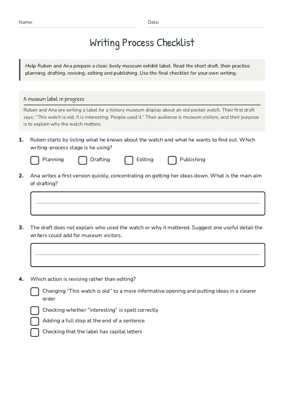 Writing Process Checklist, page 1 of 3: A museum label in progress