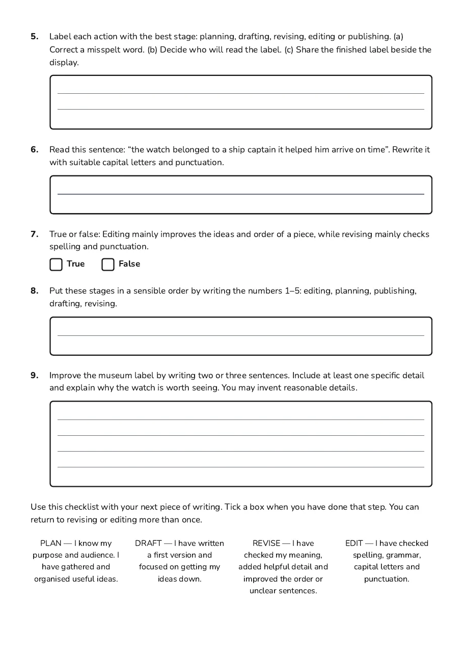 Writing Process Checklist, page 2 of 3: 5. Label each action with the best stage: planning, drafting, revising, editing or…