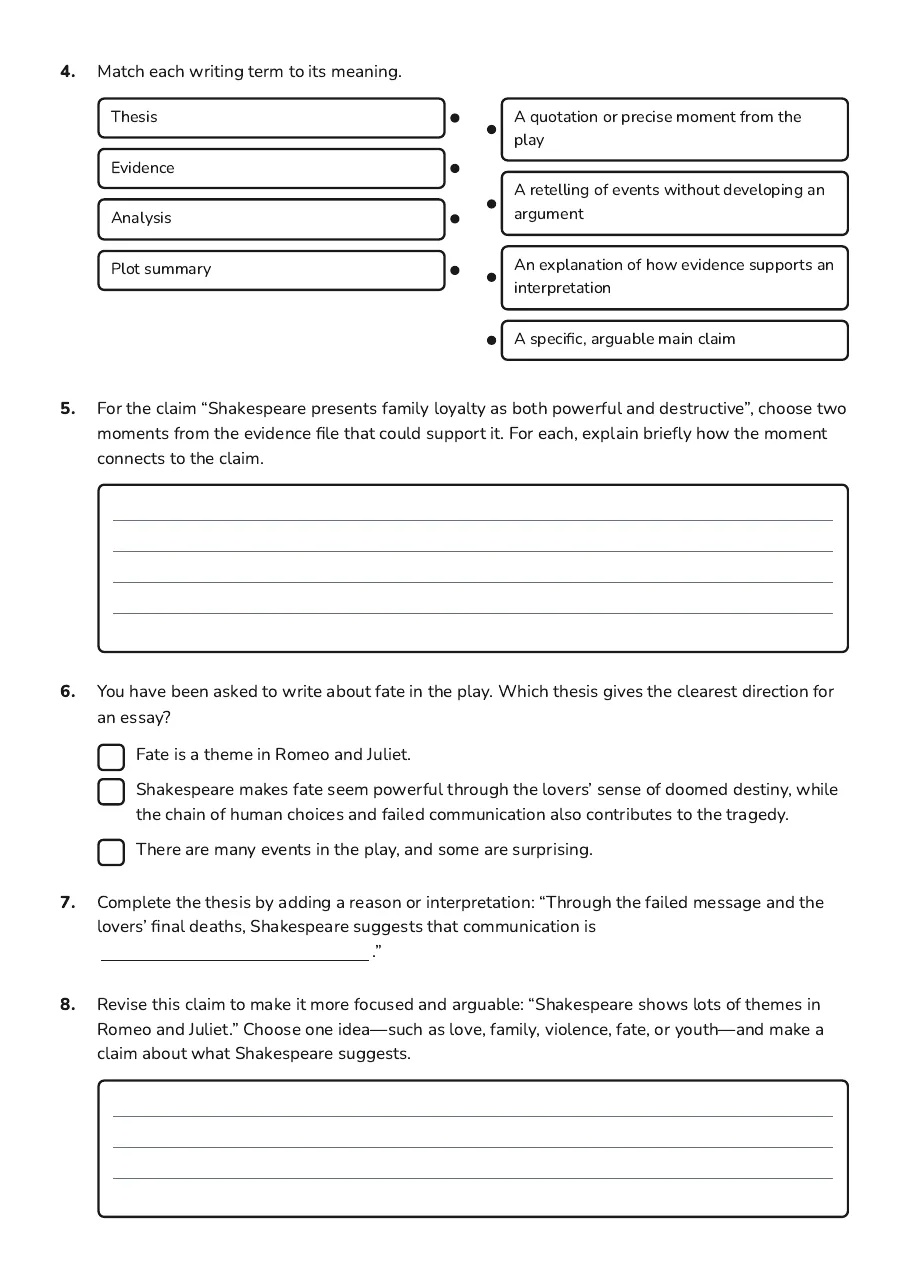 Romeo and Juliet Thesis Statements, page 2 of 3: 4. Match each writing term to its meaning.