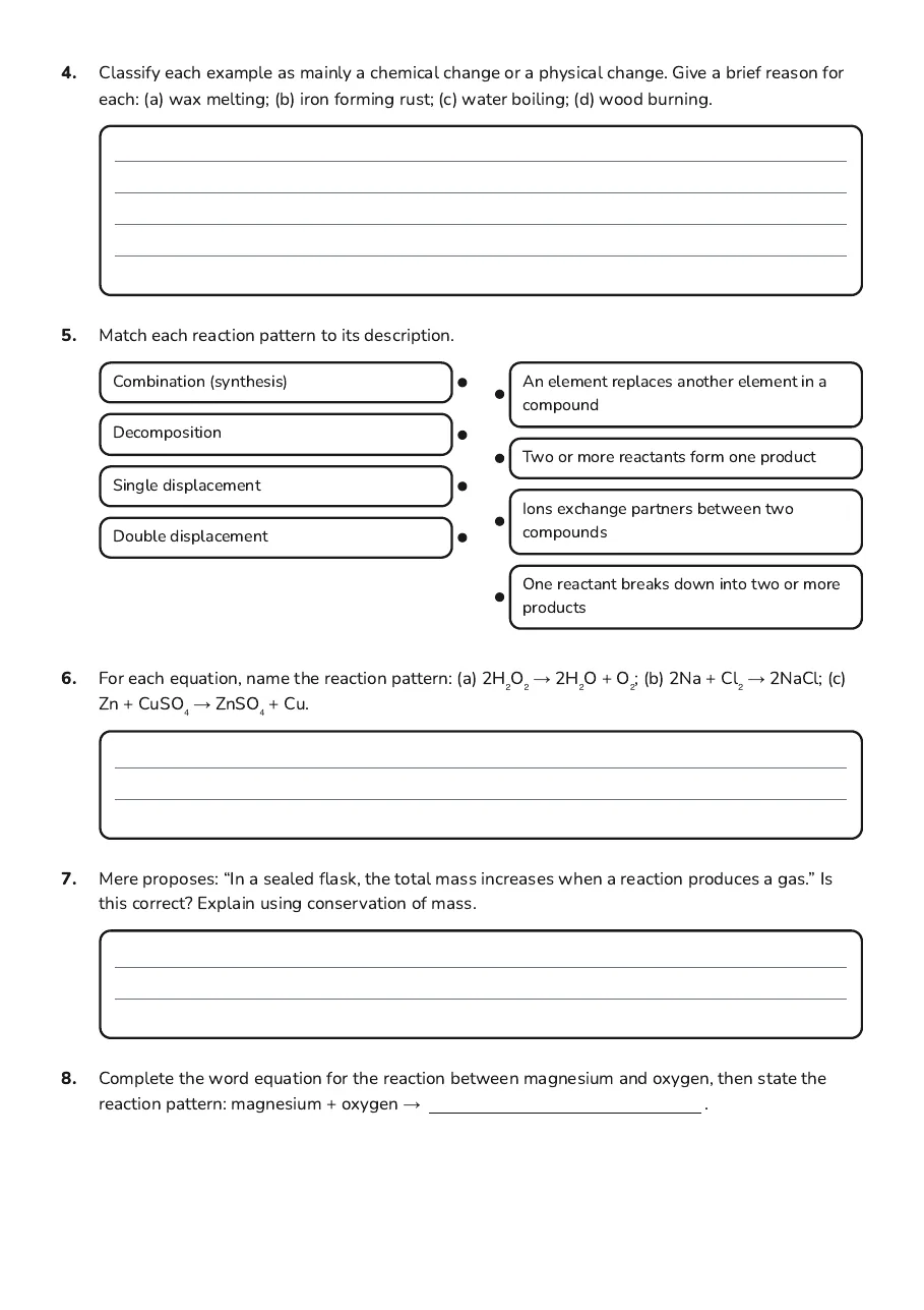 Chemical Reactions Introduction, page 2 of 3: 4. Classify each example as mainly a chemical change or a physical change. Give a brief…