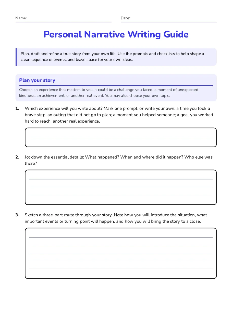 Personal Narrative Writing Guide, page 1 of 3: Plan your story