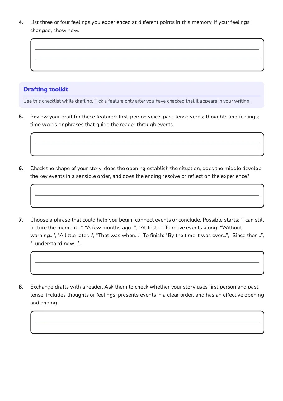 Personal Narrative Writing Guide, page 2 of 3: Drafting toolkit