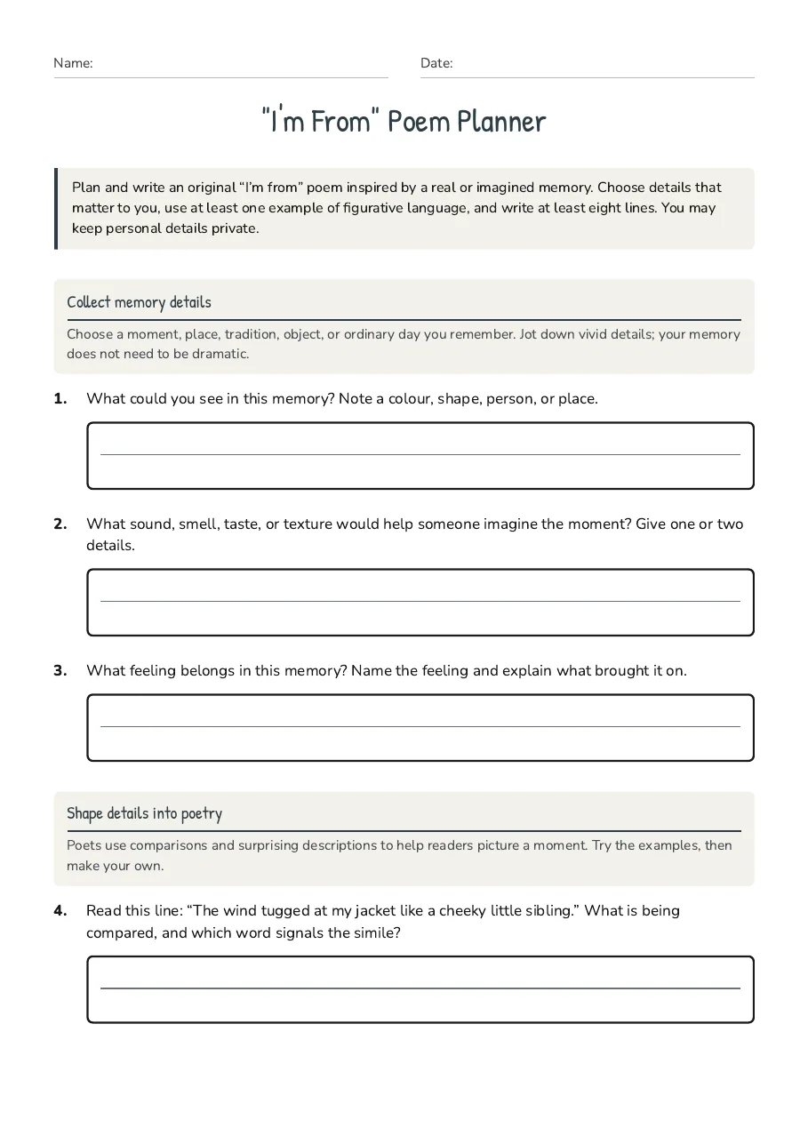 "I'm From" Poem Planner, page 1 of 3: Collect memory details, Shape details into poetry