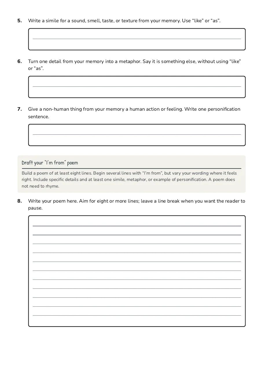 "I'm From" Poem Planner, page 2 of 3: Draft your “I’m from” poem