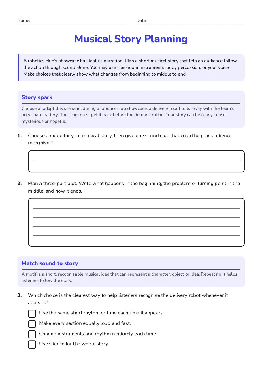Musical Story Planning, page 1 of 3: Story spark, Match sound to story