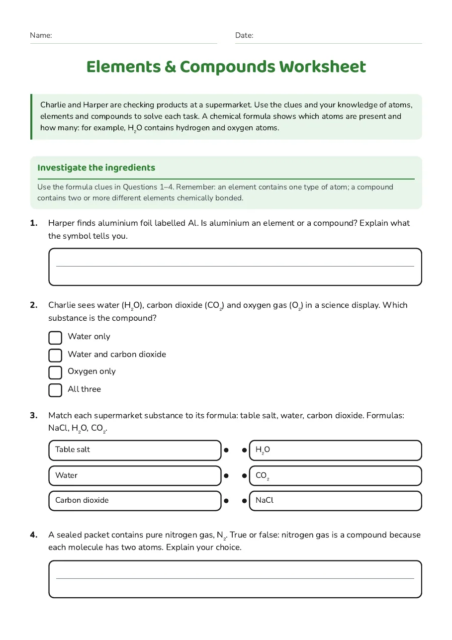 Elements & Compounds Worksheet, page 1 of 3: Investigate the ingredients