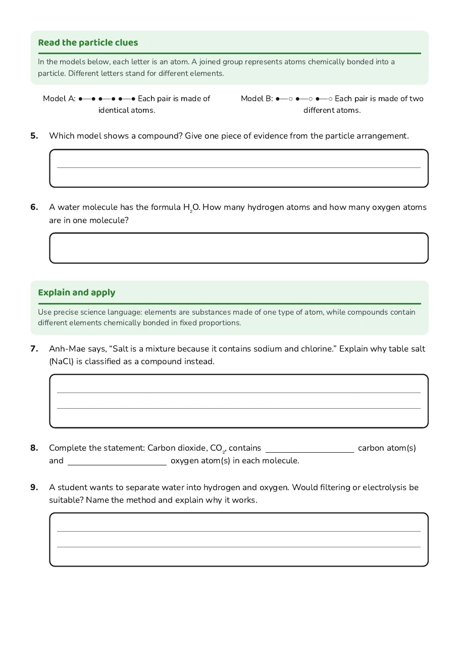 Elements & Compounds Worksheet, page 2 of 3: Read the particle clues, Explain and apply