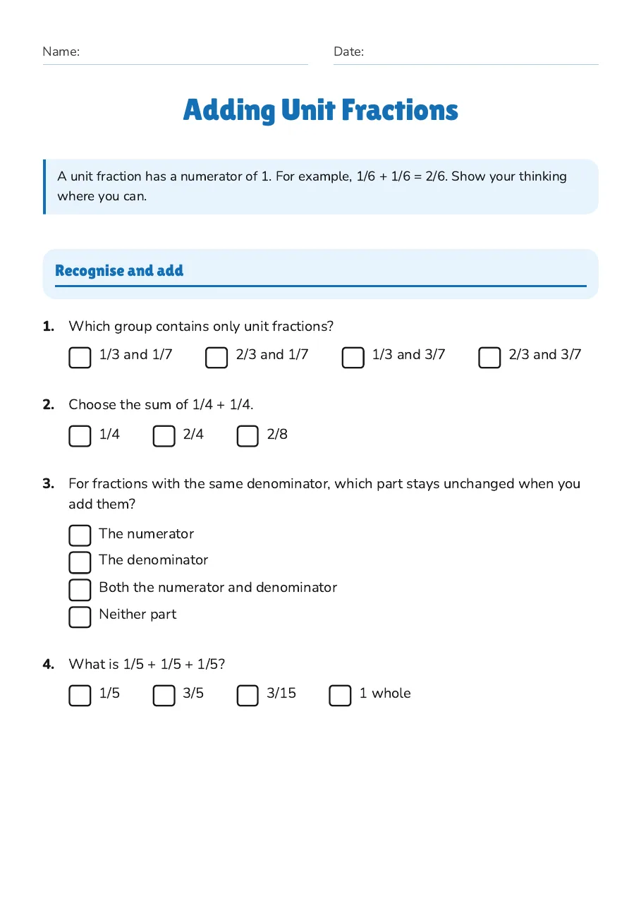 Adding Unit Fractions, page 1 of 4: Recognise and add