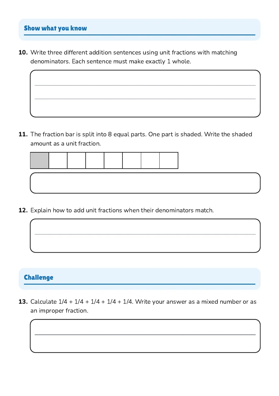 Adding Unit Fractions, page 3 of 4: Show what you know, Challenge