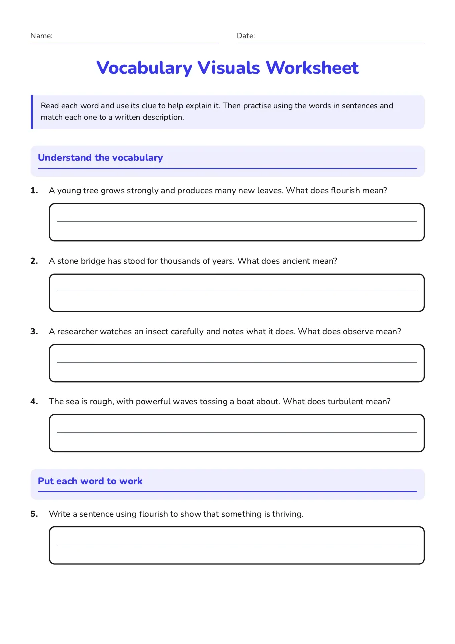 Vocabulary meaning questions and sentence-writing practice for flourish, ancient, observe and turbulent, with written clue matching.