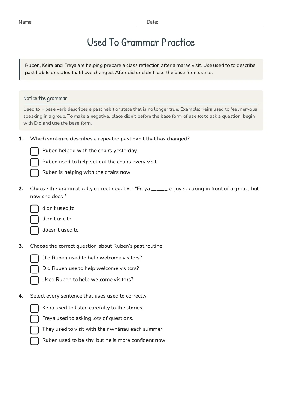 Used To Grammar Practice, page 1 of 2: Notice the grammar