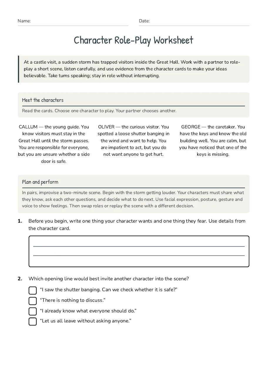 Character Role-Play Worksheet, page 1 of 3: Meet the characters, Plan and perform