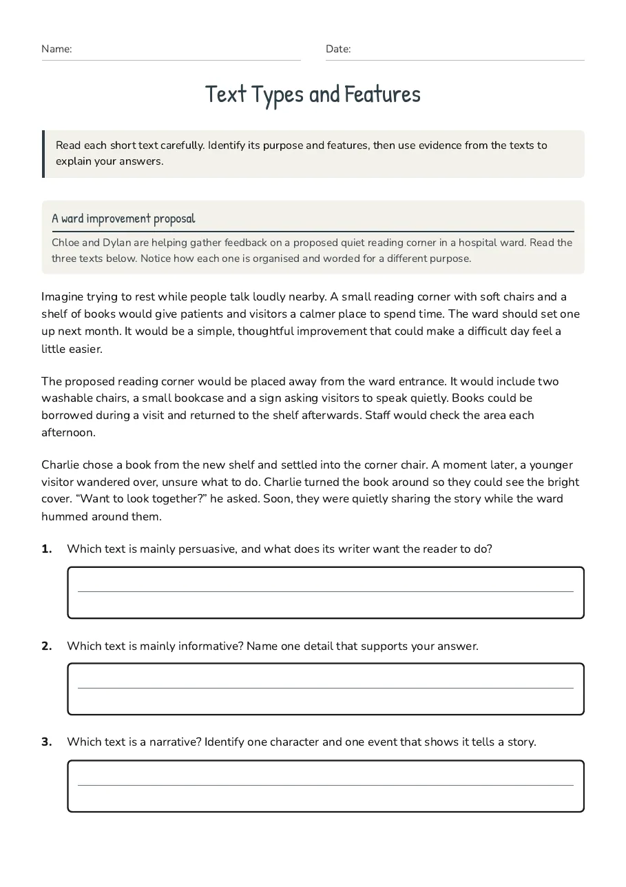 Text Types and Features, page 1 of 3: A ward improvement proposal
