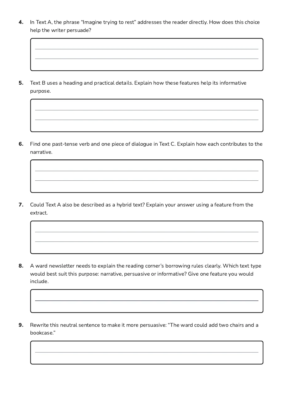 Text Types and Features, page 2 of 3: 4. In Text A, the phrase “Imagine trying to rest” addresses the reader directly. How does…