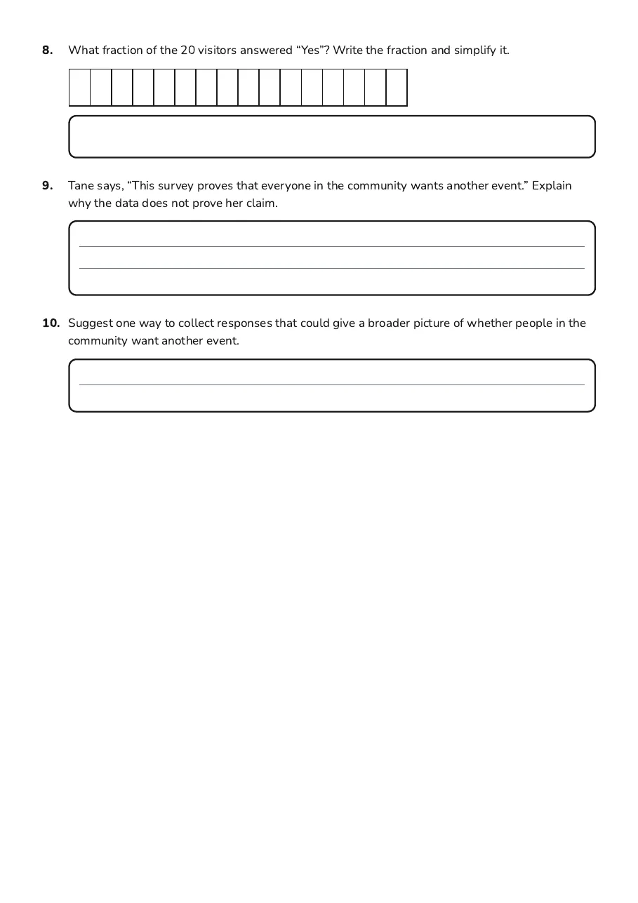 Treaty Data Interpretation Worksheet, page 3 of 3: 8. What fraction of the 20 visitors answered “Yes”? Write the fraction and simplify it.