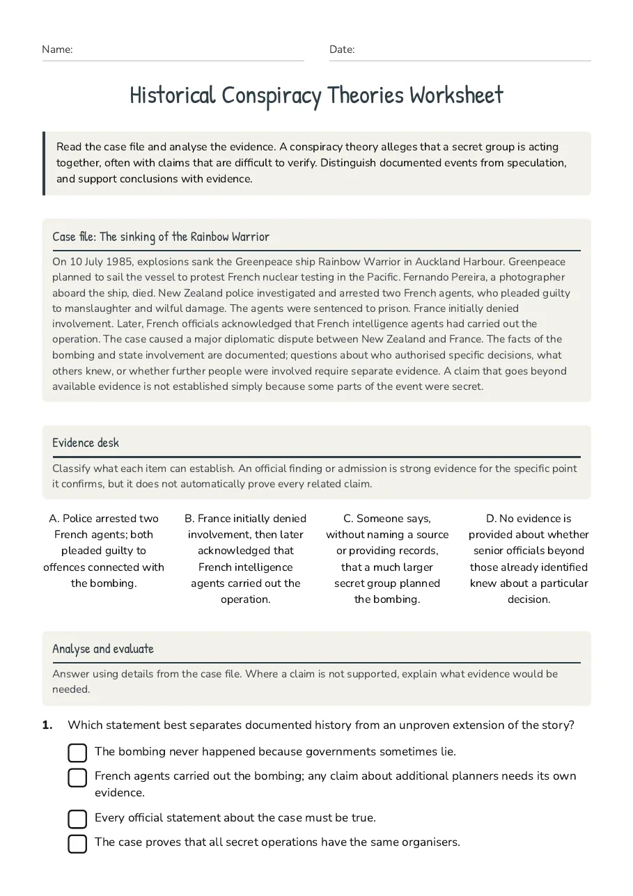 Historical Conspiracy Theories Worksheet, page 1 of 3: Case file: The sinking of the Rainbow Warrior, Evidence desk, Analyse and evaluate