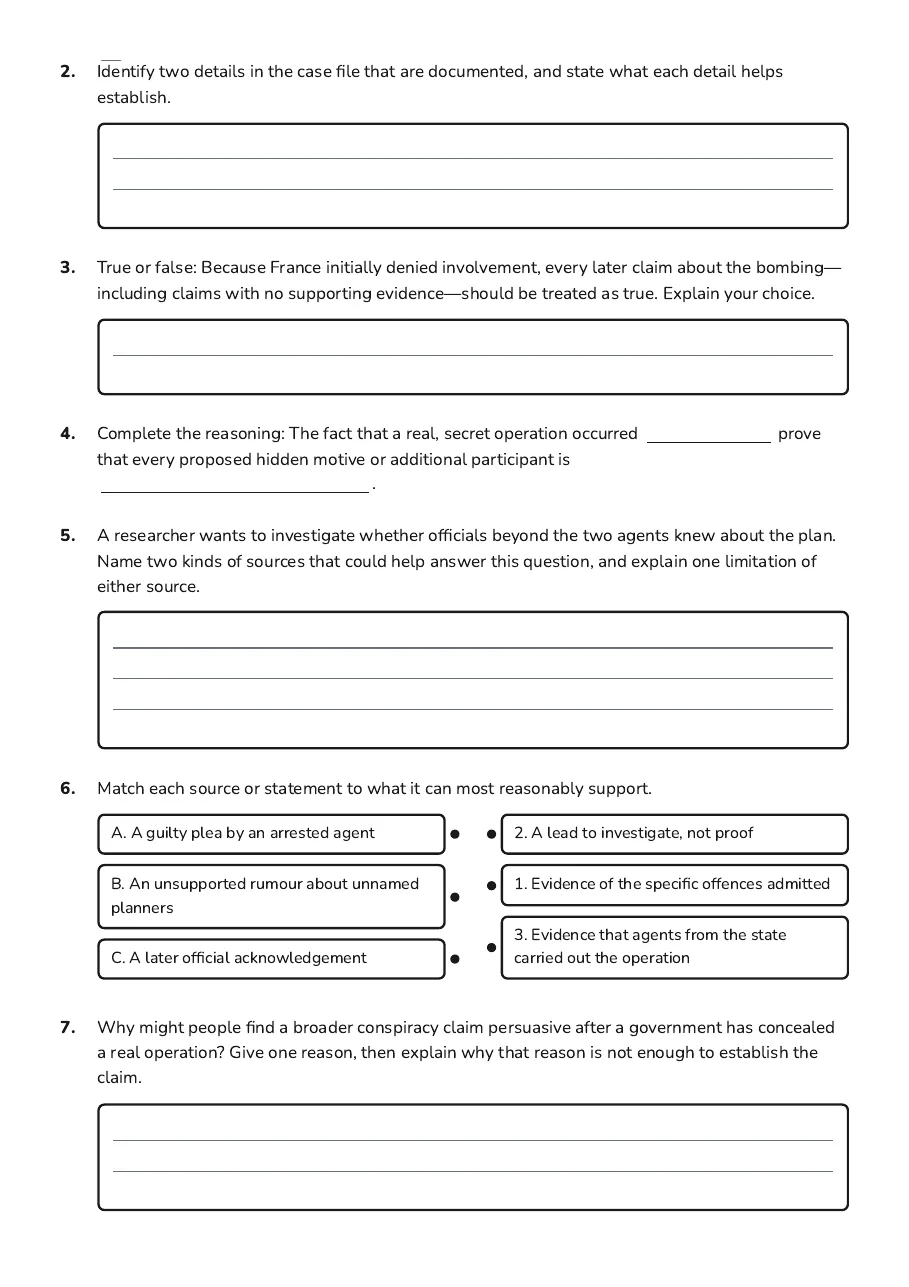 Historical Conspiracy Theories Worksheet, page 2 of 3: 2. Identify two details in the case file that are documented, and state what each detail…