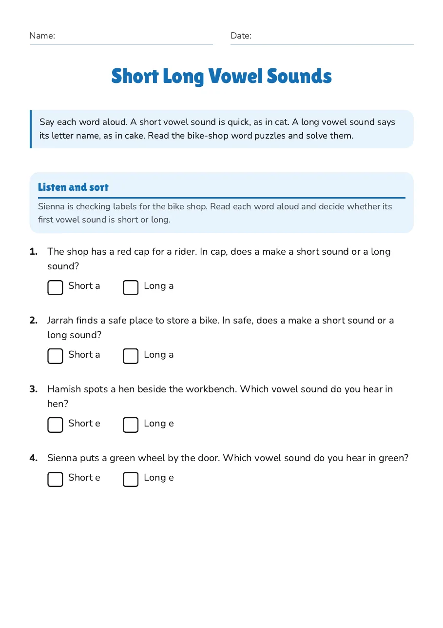Short Long Vowel Sounds, page 1 of 3: Listen and sort