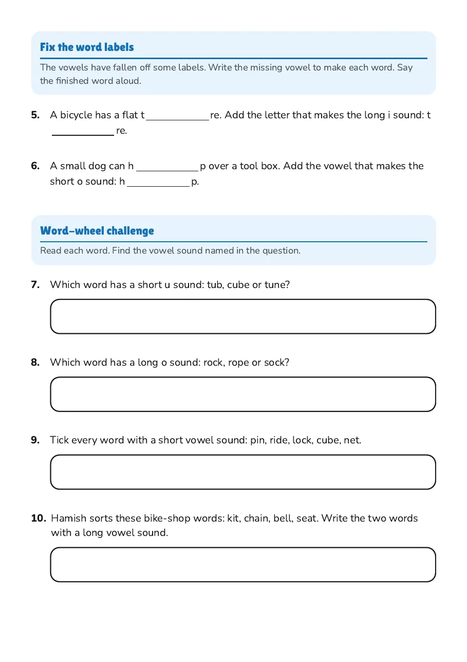 Short Long Vowel Sounds, page 2 of 3: Fix the word labels, Word-wheel challenge
