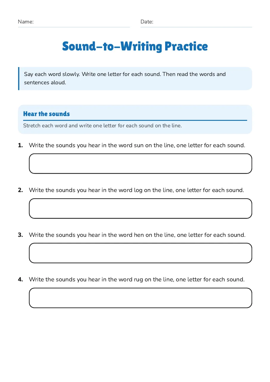 Sound-to-Writing Practice, page 1 of 3: Hear the sounds